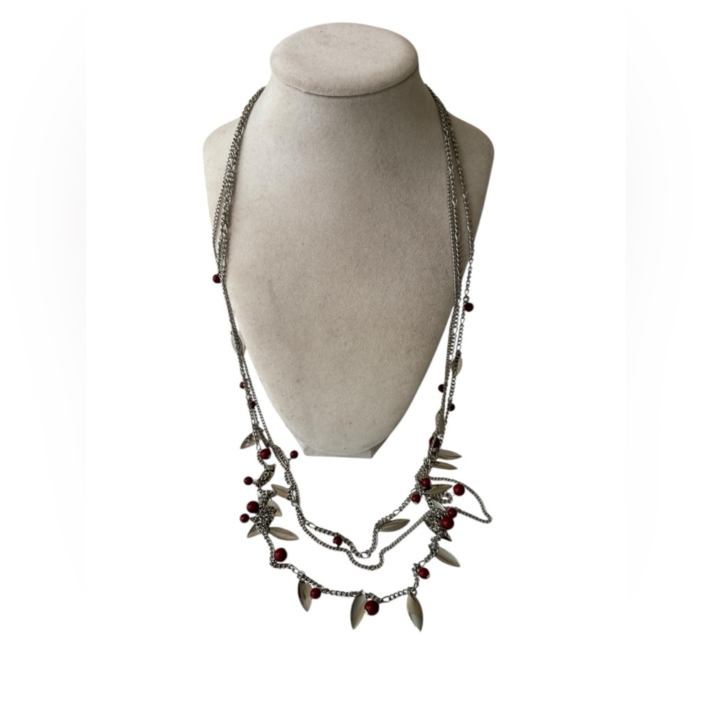 Silver Tone and Red Beaded Necklace Multi-strand Layered Boho Y2K